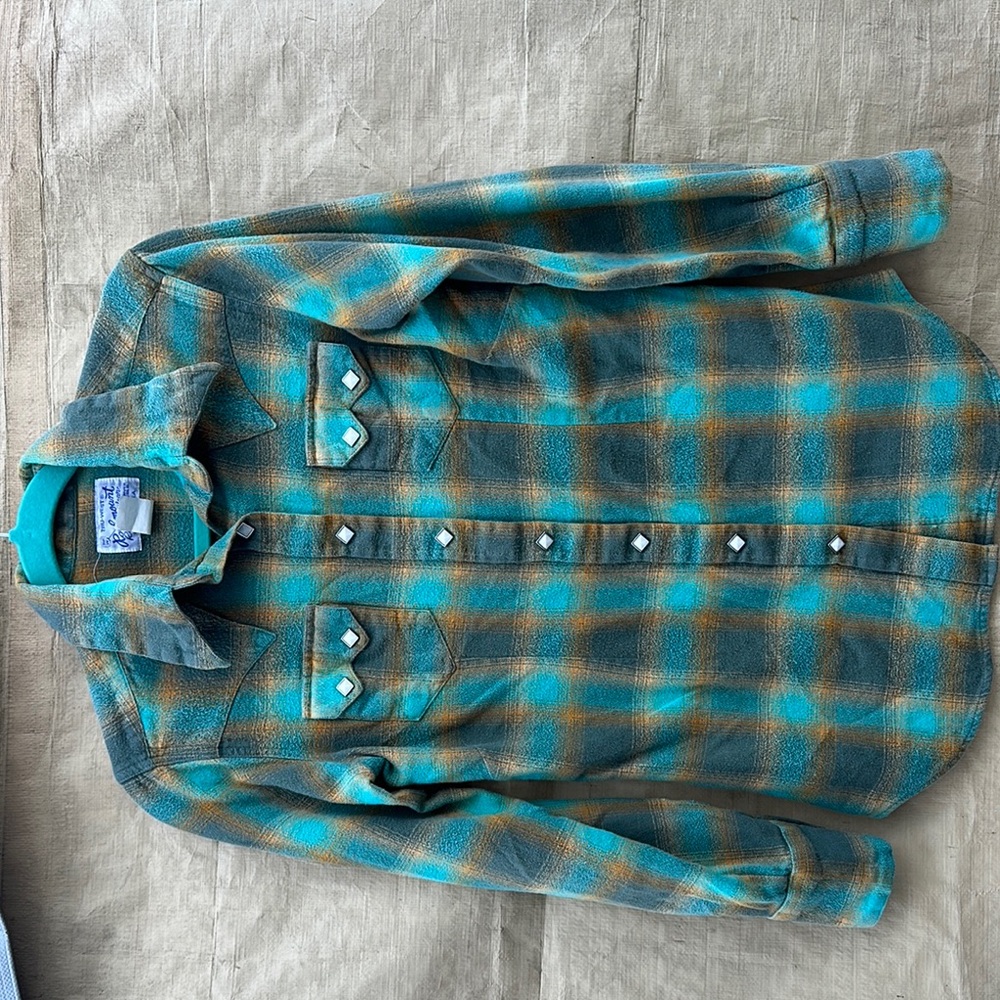 Plaid Button-Up Shirt - Teal and Brown
